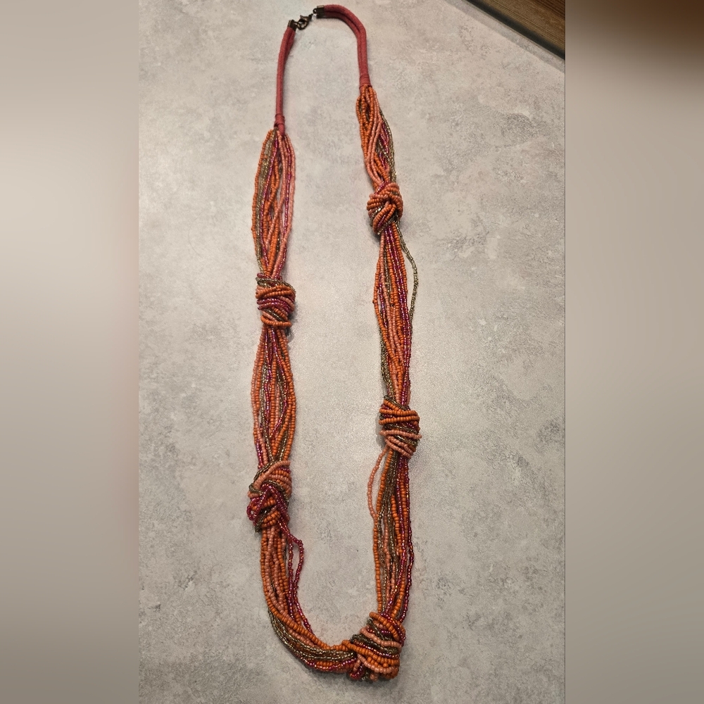 Beautiful Bright Pink, Orange And Gold Beaded Necklace